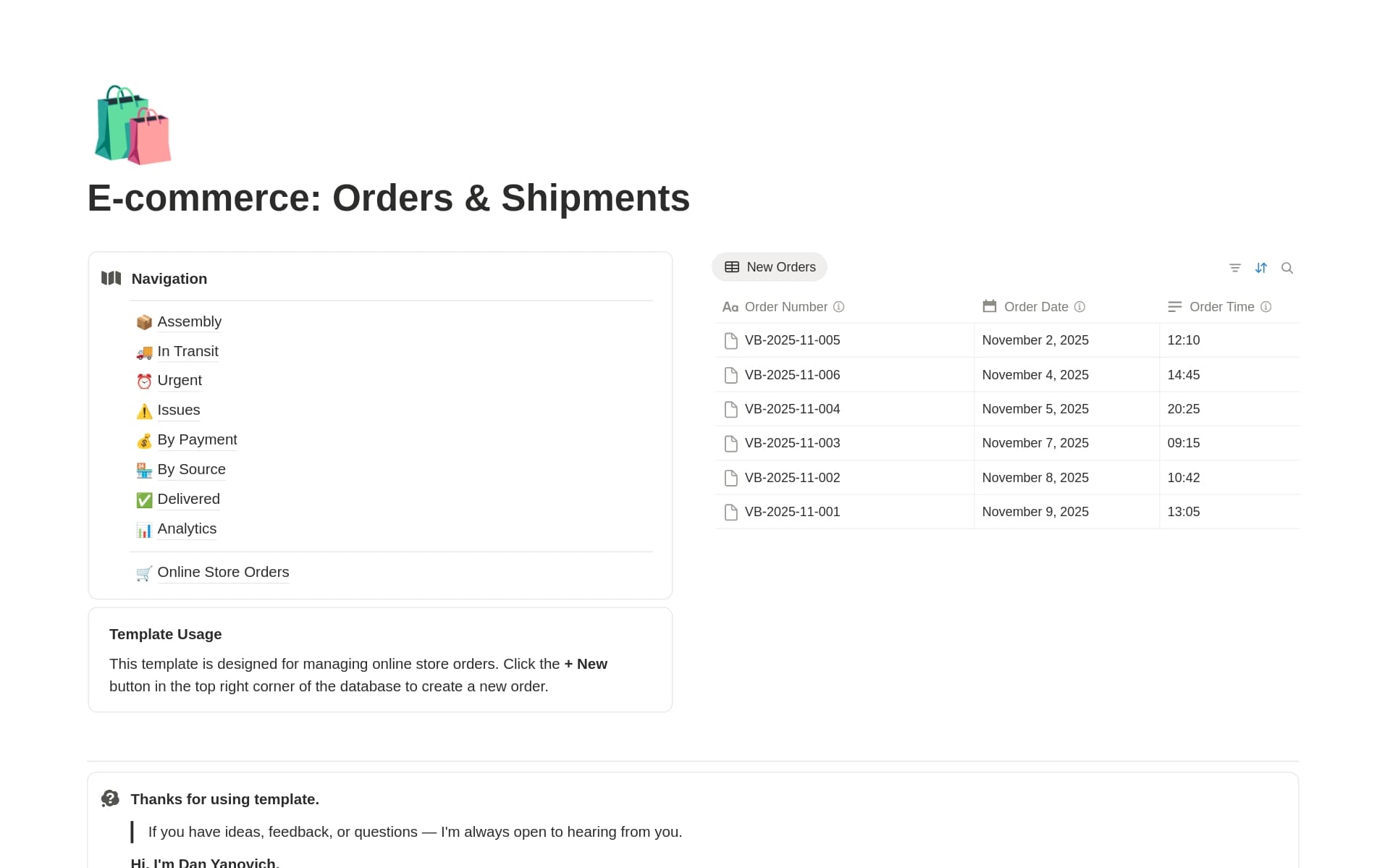 A template preview for E-commerce: Orders & Shipments