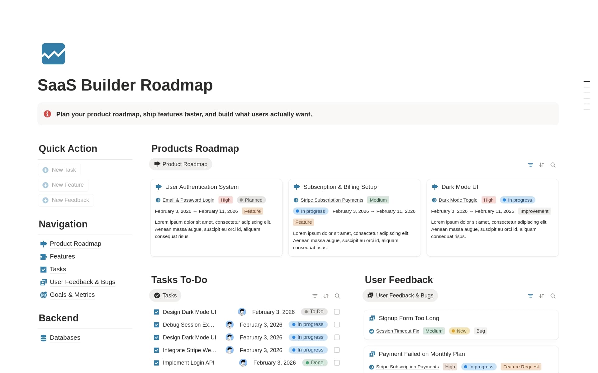 A template preview for SaaS Builder Roadmap | Product, Features, Feedback