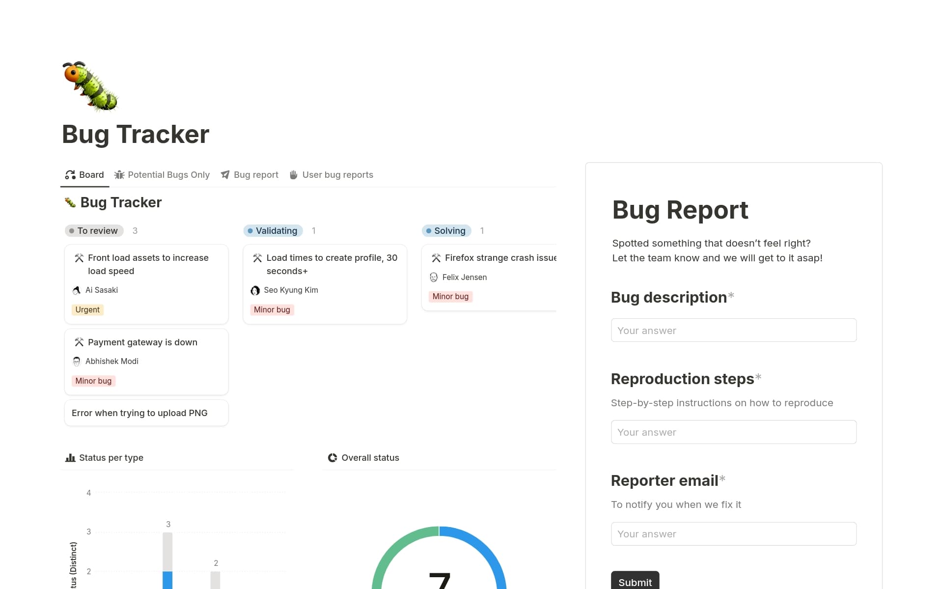 A template preview for Bug Tracker