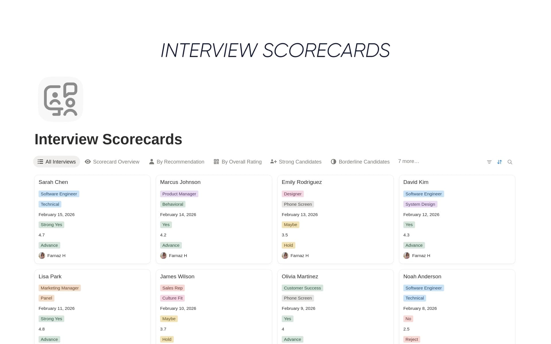 A template preview for Interview Scorecards
