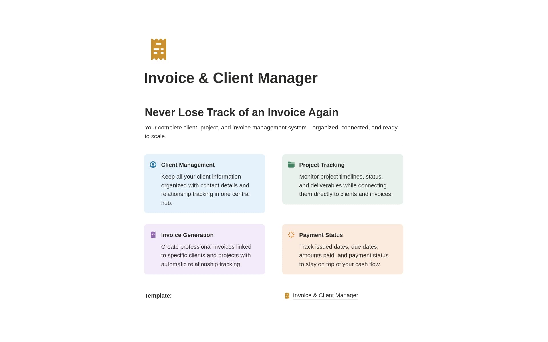 A template preview for Invoice & Client Manager