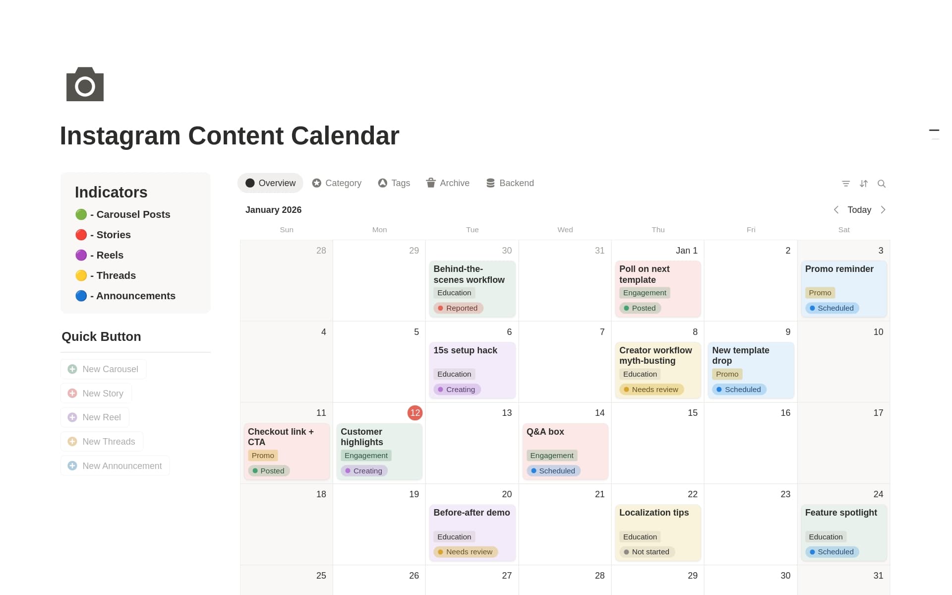 A template preview for Instagram Content Calendar