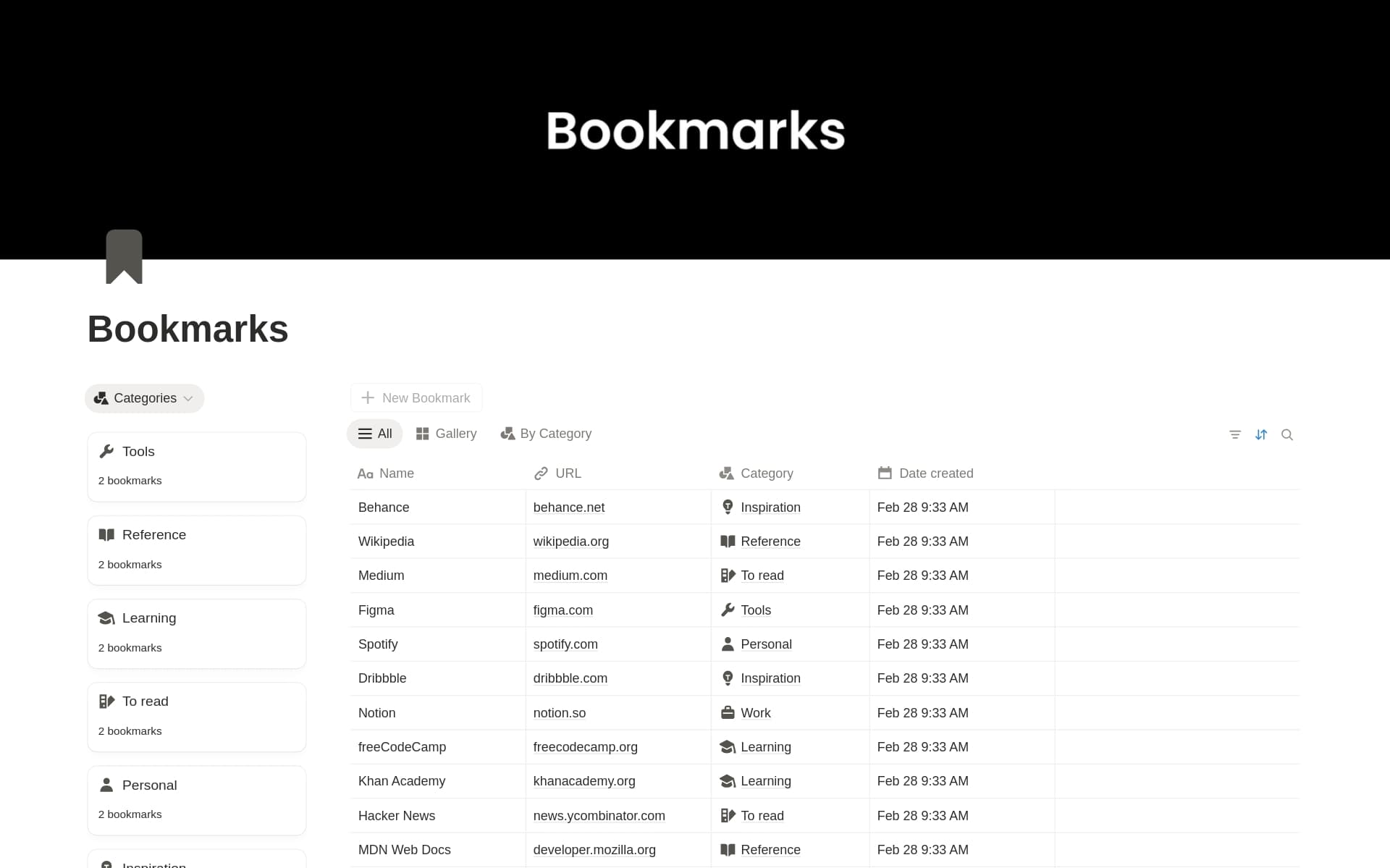 A template preview for Bookmarks