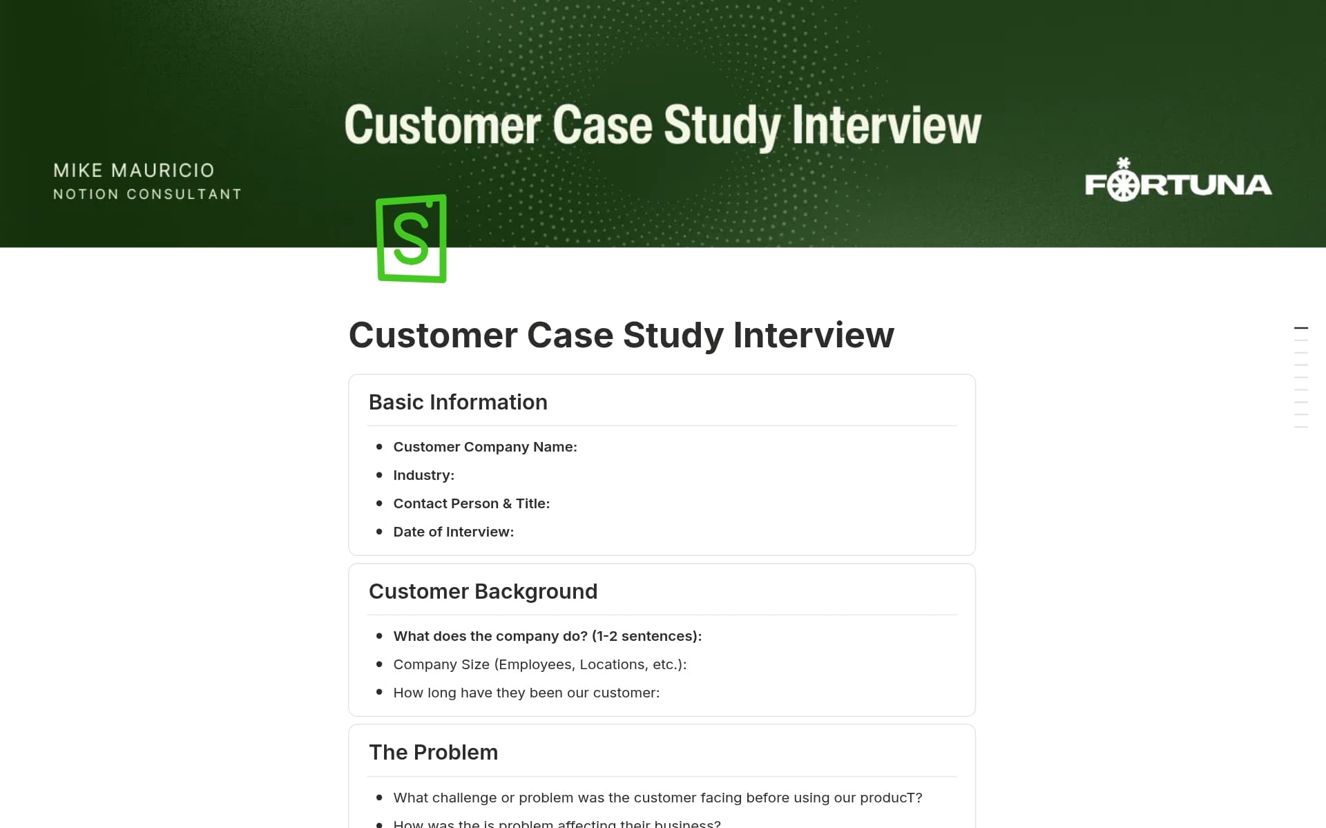 A template preview for Customer Case Study Interview