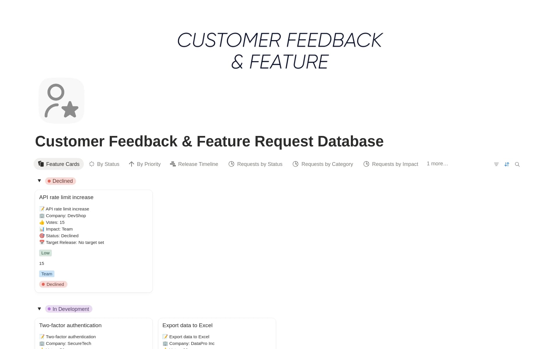 A template preview for Customer Feedback & Feature Request Database